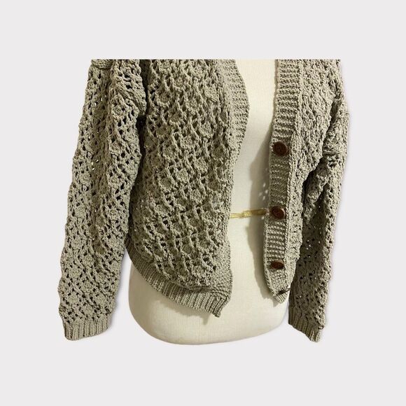 Sage Olive Green Chunky Cottagecore Knit Midi Boho Chic Button Front Cardigan - Picture 2 of 8